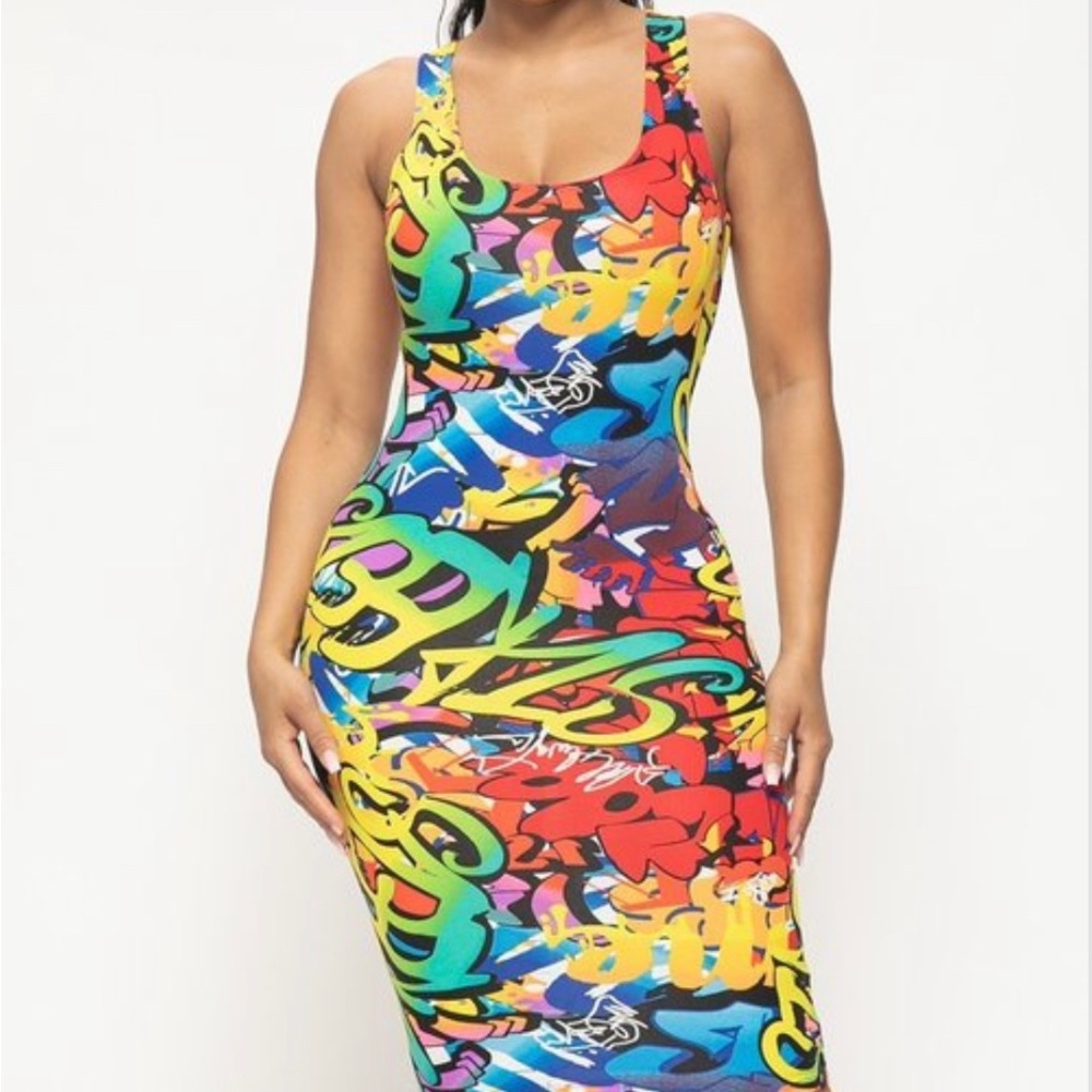 NEW TRENDY MULTI COLOR GRAFFITI TANK TOP BODYCON MIDI DRESS - Picture 2 of 14